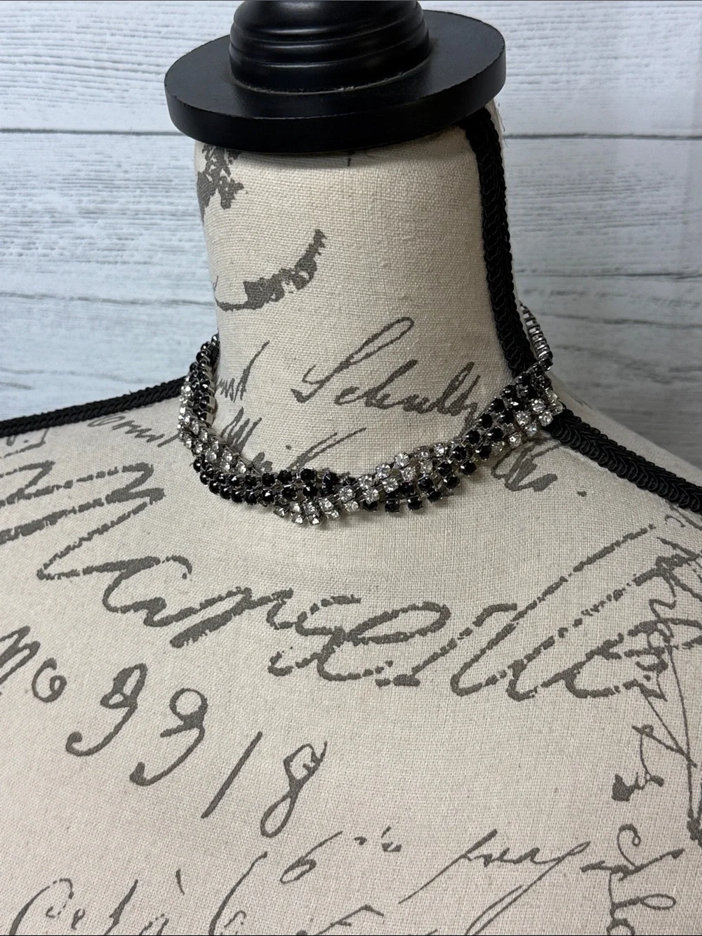 Vintage Art Deco Black & Silver Crystal Chocker Necklace and Earring Set